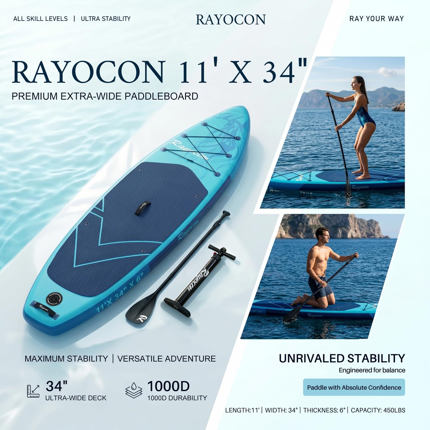 Inflatable Stand Up Paddle Board 11'×34" Extra Wide SUP, Ultra-Stable for Adults & Dog, 450lbs, Dual Chamber Pump, Fiberglass Paddle, Military Grade Dual Layer, Jellyfish Flow Design（Blue）