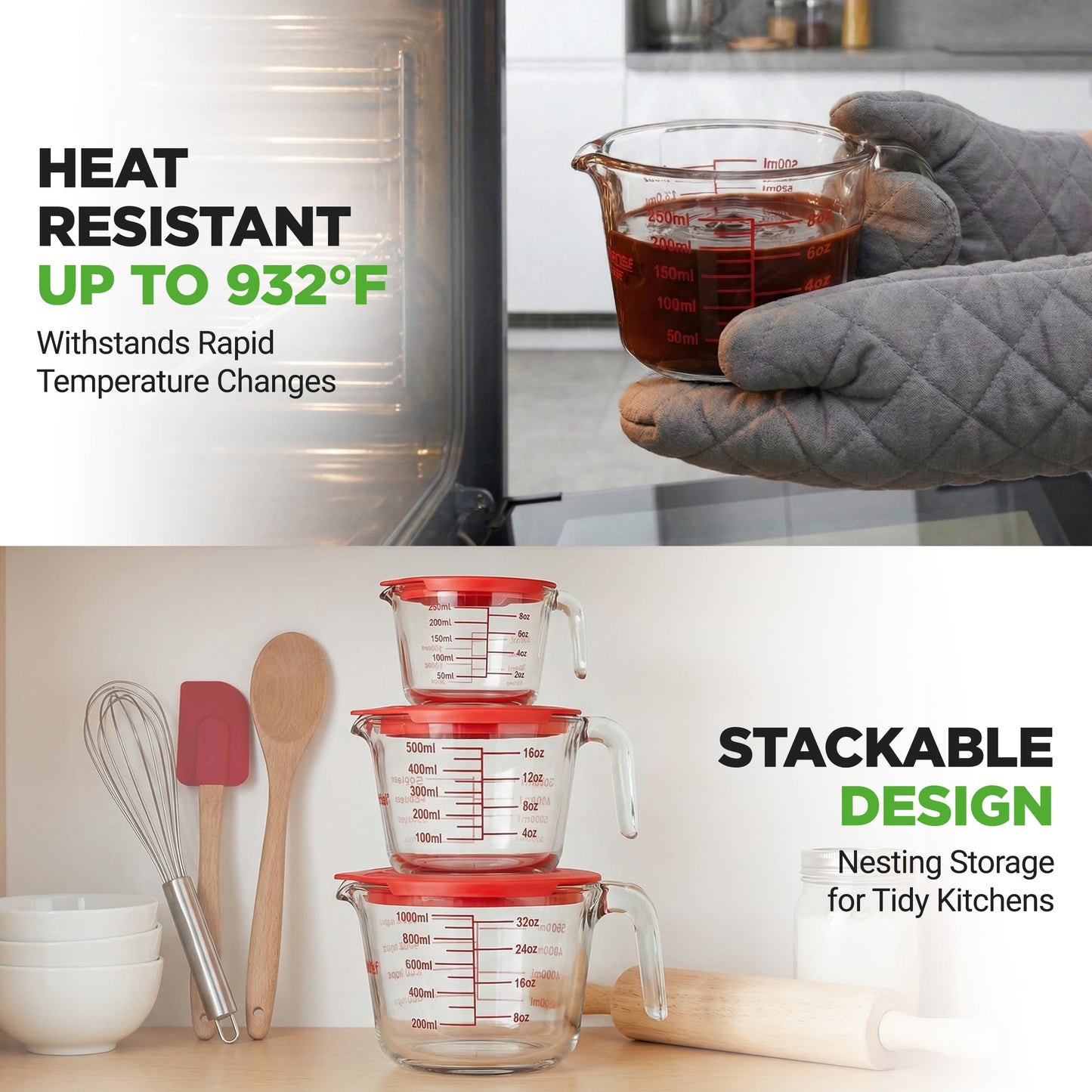 NutriChef 1,2 and 4 Cups Glass Measuring Cup Set with Lids (8, 17 and 34 oz) - Heat-Resistant Borosilicate Liquid Measure Cups with Easy-Read Scale for Cooking, Baking & Food Storage, Dishwasher Safe