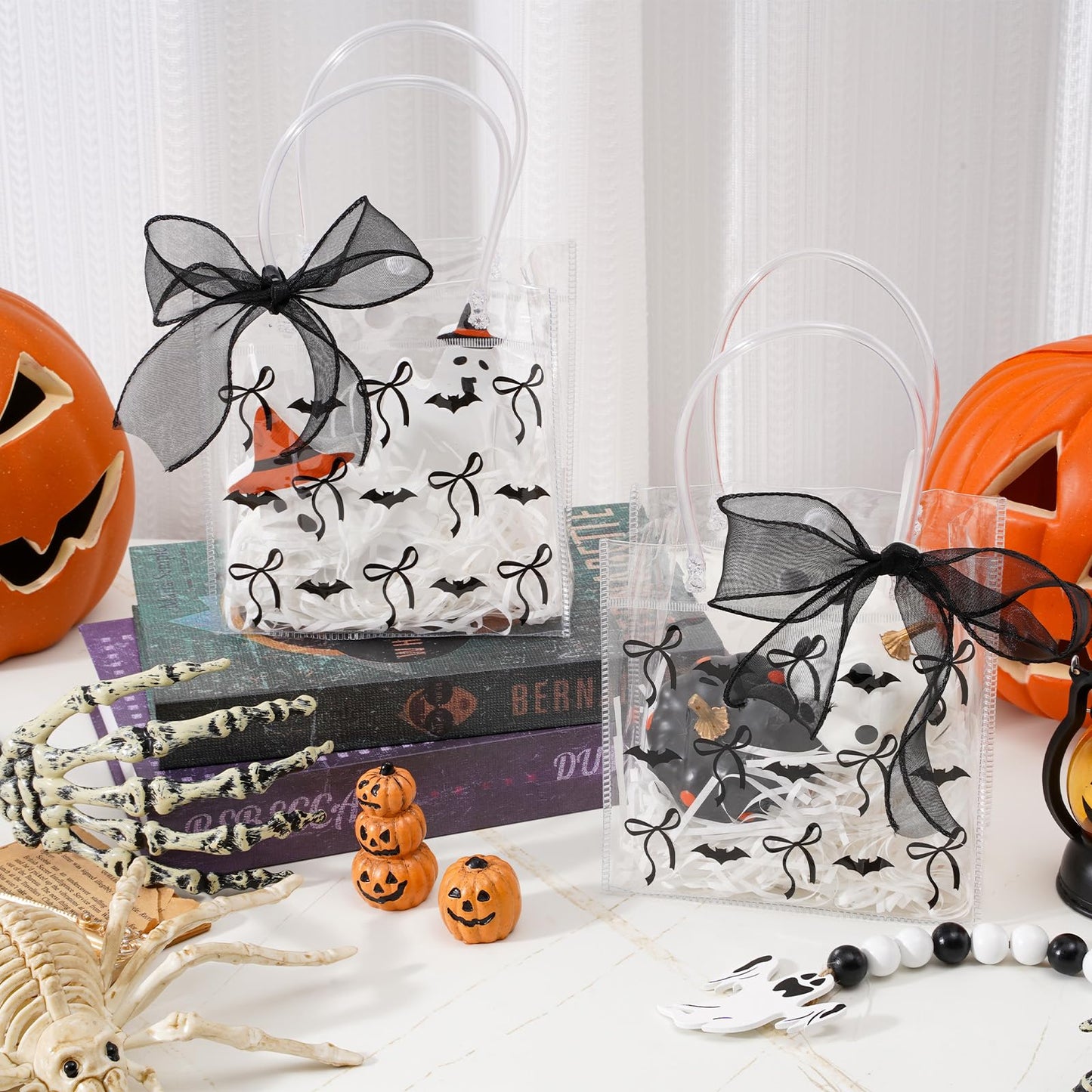 Whaline 12 Pcs Halloween Clear PVC Gift Bags with Handles Ribbon Black Bats Bow Coquette Party Favor Bags Trick or Treat Tote Candy Bag for Holiday Birthday Baby Shower Halloween Party Supplies