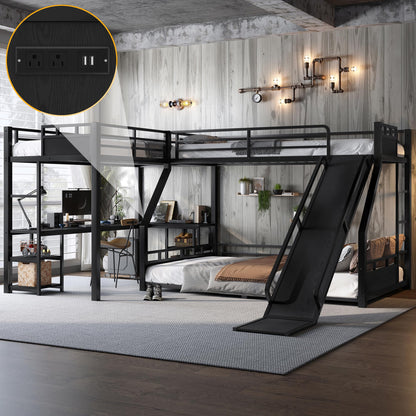 Metal Twin XL Over Queen Bunk Beds with Twin XL Loft Bed, Heavy Duty Triple Bunk Bed Frame with Slide and Desk,L-Shaped Triple Bunk Beds with Storage Shelves for 3 Kids,Black