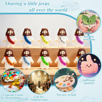 TFengfly 50 Pcs Little Jesus Figures Small Easter Jesus Loves You Toys 10 Colors Mini Rubber Jesus Miniatures to Hide and Seek Religious Gift Party Favors Easter Egg Stuffers Sunday School (50)