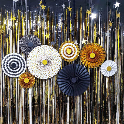 Set of 8 Gold Black Paper Fans Flower for Halloween Party Decorations, black2