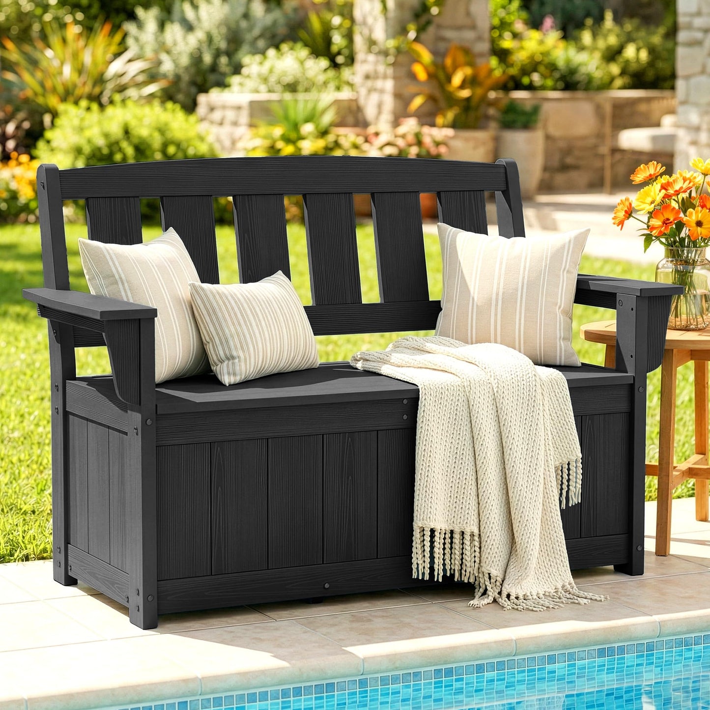 SERWALL HDPE Outdoor Storage Bench, All-Weather, UV-Resistant Deck Box with Waterproof Storage Bags, 57 Gallon Dual-Use Seat & Organizer Deck Boxes for Patio, Garden Tools & Pool (Dark Black)