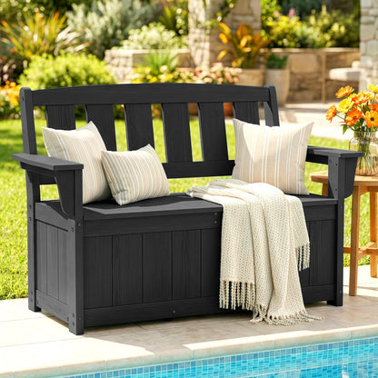 SERWALL HDPE Outdoor Storage Bench, All-Weather, UV-Resistant Deck Box with Waterproof Storage Bags, 57 Gallon Dual-Use Seat & Organizer Deck Boxes for Patio, Garden Tools & Pool (Dark Black)