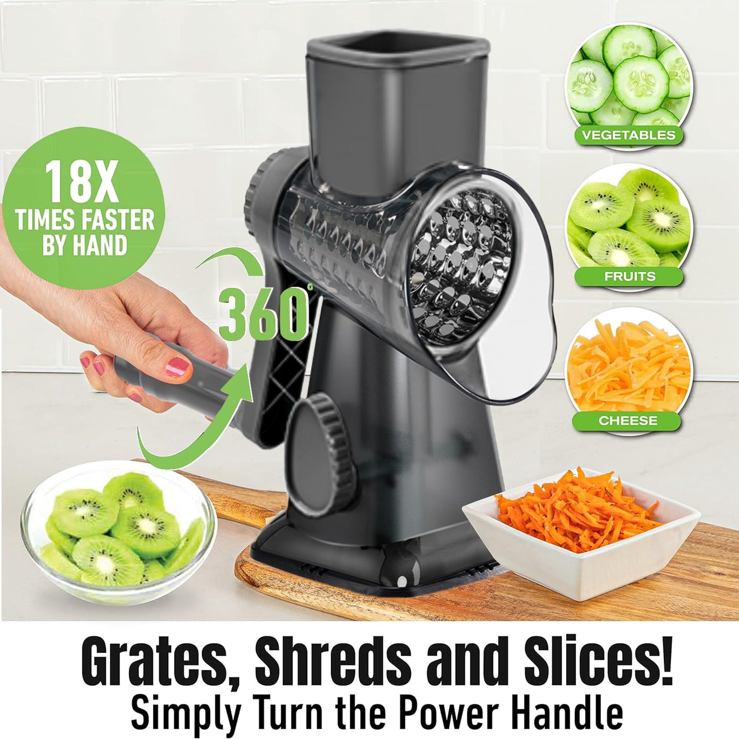 EDEFISY Cheese Grater Hand Crank Rotary Vegetables Shredder with Handle, 3-in-1 Graters with Interchangeable Blades and Non-slip Base Multifunctional Slicer for Kitchen