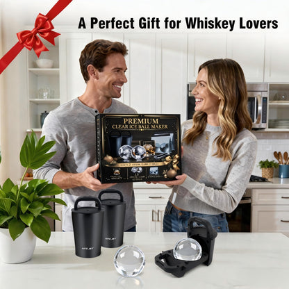 Clear Ice Cube Maker Premium Gift Set – Stainless Steel Whiskey Ice Ball Mold, 2.5” Ice Sphere with BPA-Free Silicone, Slow Melting Easy Release Ice for Bourbon Cocktails, Ideal Gifts for Men Dad