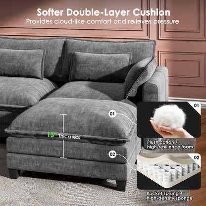 Marsail Modular Sectional Sofa 145.6" U-Shaped Modern Comfy Cloud Couch, 6-Seat Chenille Deep Seat Sofa with Throw Pillow & Movable Ottoman for Living Room, Bedroom and Apartment, Grey