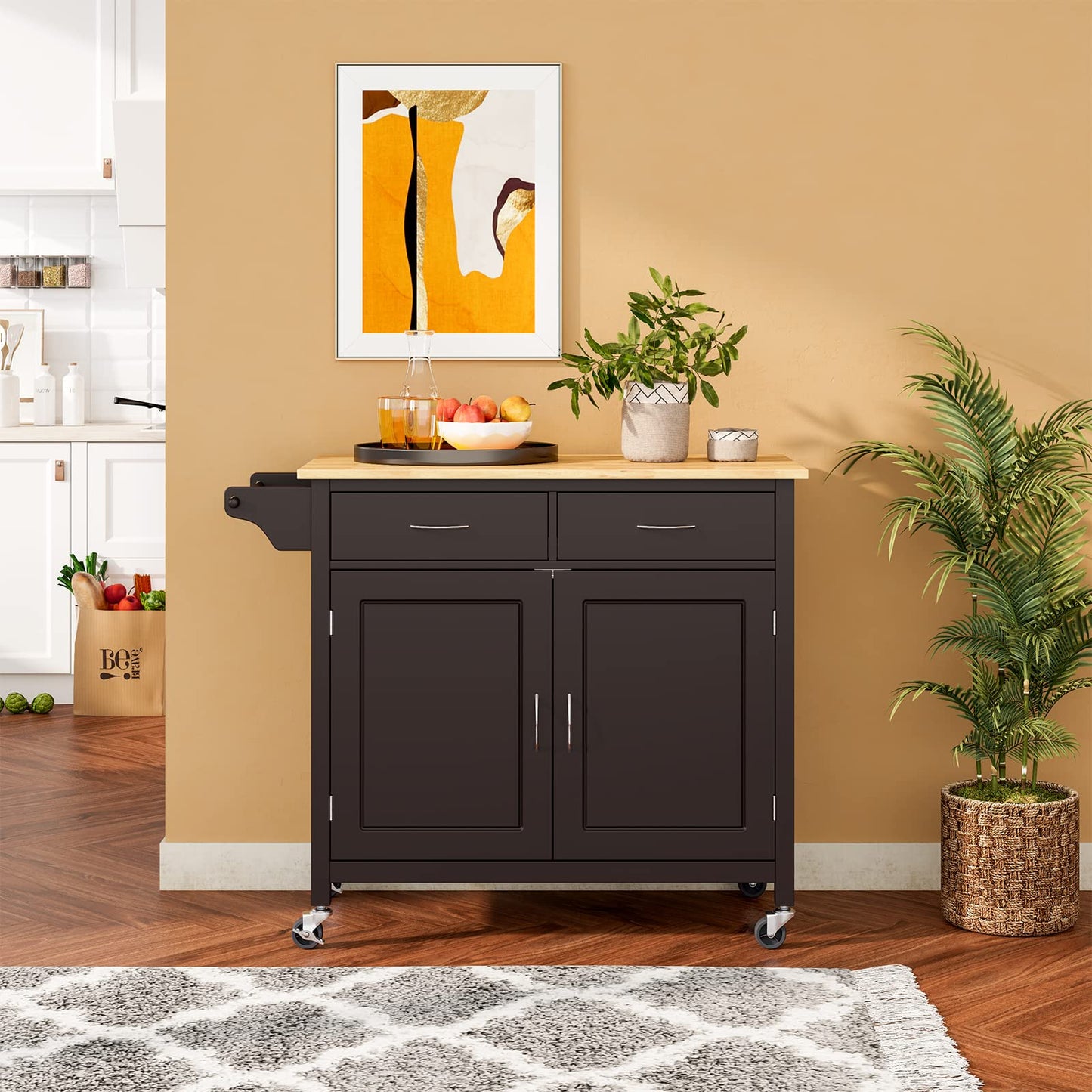 MEDIMALL Rolling Kitchen Island Cart, Utility Serving Cart with Drawers, Adjustable Shelf & Towel Rack, Mobile Island Table, Wooden Storage Trolley for Home, Restaurant & Bar, Rustic Brown