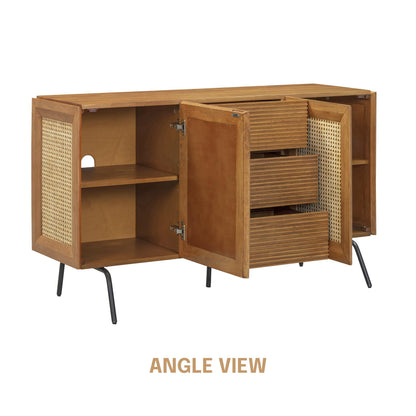 NTC MOSSIC Sideboard with 2 Doors and 3 Drawers, Buffet Cabinet with Natural Rattan and Metal Legs, Modern Storage Cabinet for Living Room, and Hallway, Effortless Assembly, Teak Look