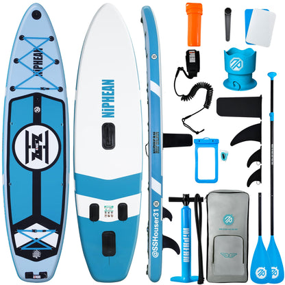 Niphean (Extra Large) Inflatable Paddle Board, SUP for 2+1 People/Family 500lbs Capacity Stand Up Paddle Board with SUP Accessories, StabilTrac Fin Non-Slip Paddleboard for Adults-Sky Blue