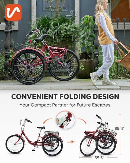 VIRIBUS Folding Tricycle for Adults, 7 Speed Foldable Adult Tricycle with Removable Wheeled Basket, Folding 3 Wheel Bikes for Adults Men Male Seniors 24 inch, Collapsible Trike 330 LB. Red