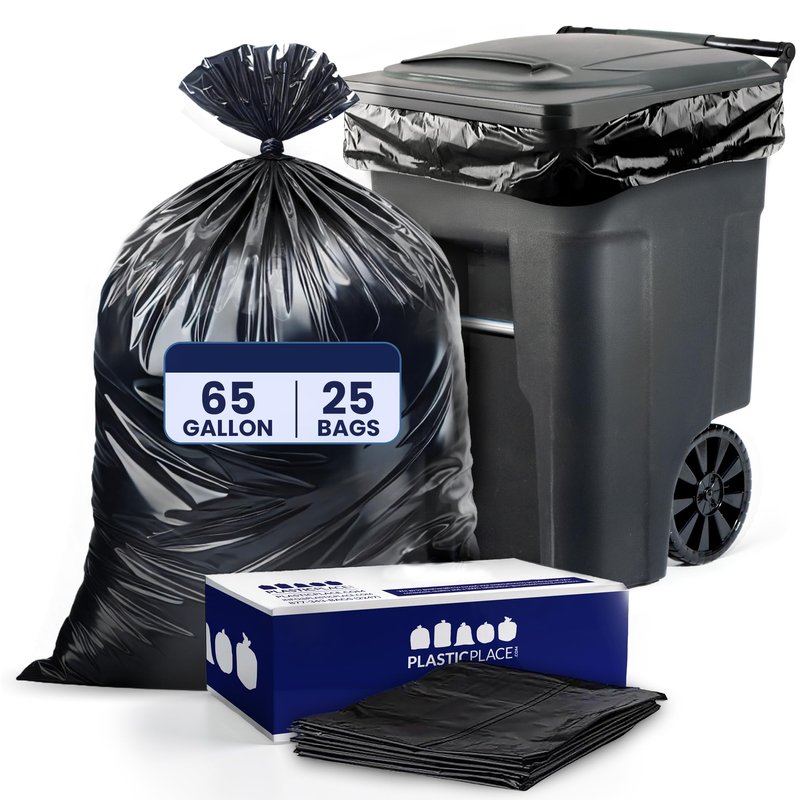 Plasticplace 65 Gallon Trash Bags │ 2.7 Mil │ Black Heavy Duty Garbage Can Liners │ 50” x 48” (25 Count) (W65LDB225A)
