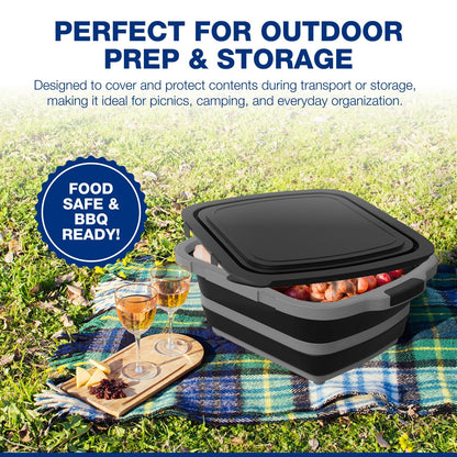 2-Pack XL Collapsible BBQ Prep Tub with Built-In Cutting Board, Lid & Strainer – Marinate, Drain & Prep – Large Food-Safe Container – Perfect for Grilling, Smoking & Outdoor Cooking (Black)