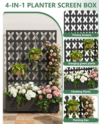 FOLAWO 2PCS Metal Planter Box with Trellis,70.9"x47.2"x15.7" Raised Garden Bed with Drainage Holes, Privacy Planters for Outdoor Garden Bed for Climbing Plants,Vegetables,and Vines, Black-X