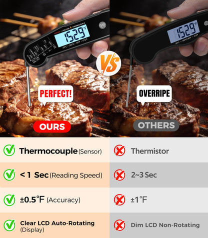 Atogou Meat Thermometer, Professional Food Thermometer, <1 Sec Instant Read, ±0.5℉ Accuracy, Thermocouple Sensor, Waterproof Digital Thermometer for Cooking, BBQ, Grill, Him Dad Birthday Gifts, Black
