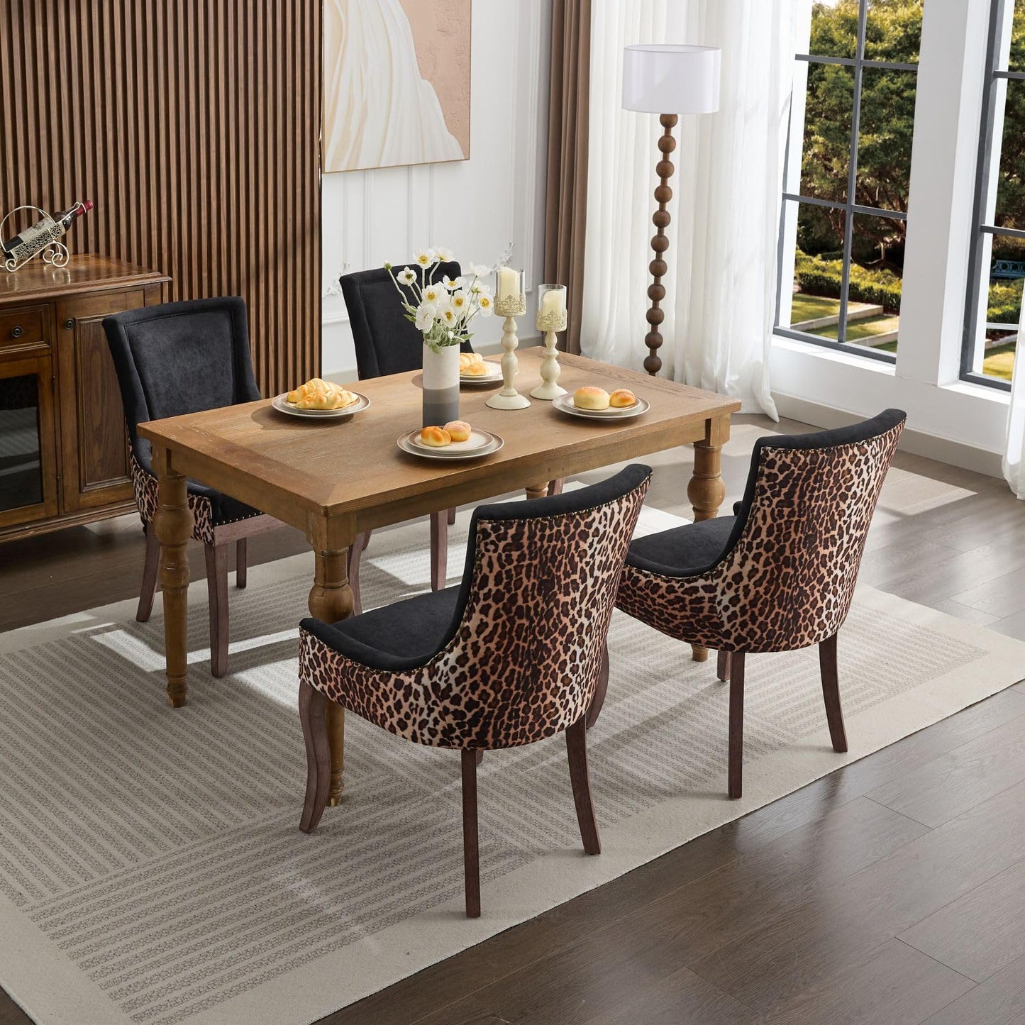 Upholstered Dining Chairs Set of 2,Mid Century Modern Dining Room Chairs with Solid Wood Frame Bronze Nail Head,Armless Accent Chair for Living Room Kitchen Restaurant 36.4" H Leopard