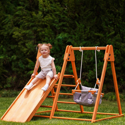 Avenlur 4-in-1 Juniper Outdoor Play Gym - Jungle Gym Playset with Baby Swing, Slide, Ladder, and Climbing Wall - Foldable Wooden Playset - Outdoor Jungle Gym for Kids Ages 18mo to 6yrs
