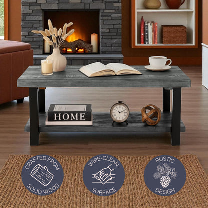 Alaterre Furniture Pomona Living Room 42 Inch Rectangular Solid Wood Coffee Table with Storage Shelf & Metal Legs – Modern Rustic Industrial Living Room Table (Slate Grey)