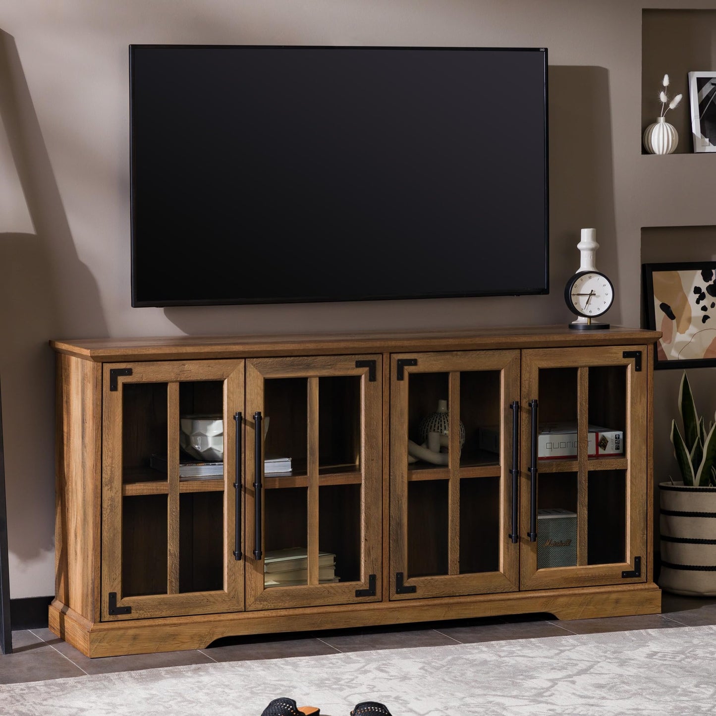 Walker Edison Farmhouse Barn Glass Door Wood Universal TV Stand for TV's up to 64" Flat Screen Living Room Storage Cabinet Doors and Shelves Entertainment Center, 58 Inch, Rustic Oak