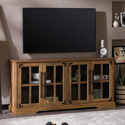 Walker Edison Farmhouse Barn Glass Door Wood Universal TV Stand for TV's up to 64" Flat Screen Living Room Storage Cabinet Doors and Shelves Entertainment Center, 58 Inch, Rustic Oak