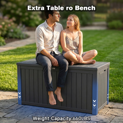 Large Outdoor Storage Deck Box, Resin Patio Container with Lockable Lid, Hydraulic Lift, Wood Texture Panels, Bench Table Function for Cushions Garden Tools Pool Gear Sports Equipment (180 Gallon)