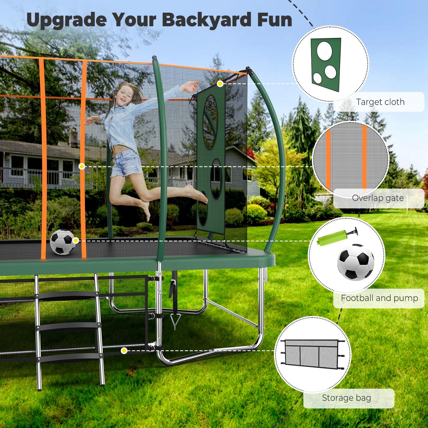 Lyromix 14FT Outdoor Rectangle Trampoline for Kids and Adults, Rectangular Trampoline with Curved Poles, Pumpkin Trampolin with Light, Sprinkler, Soccer and Storage Bag