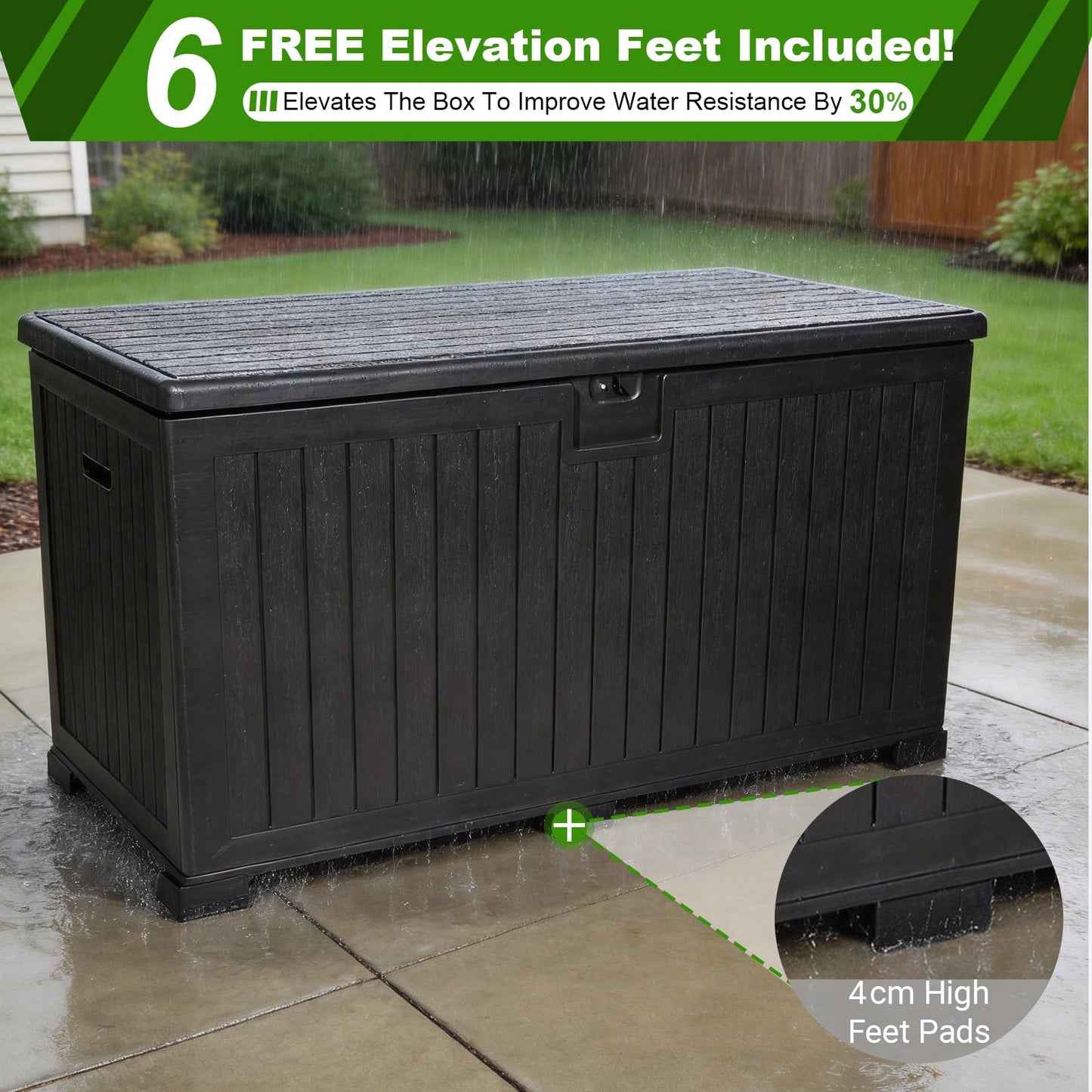 FammyLoft 320 Gallon Deck Box with 6 Waterproof Foot Pads, Resin Storage Box Weatherproof, Plastic Cushion Container with Lock and Lids for Pool Equipment, Black
