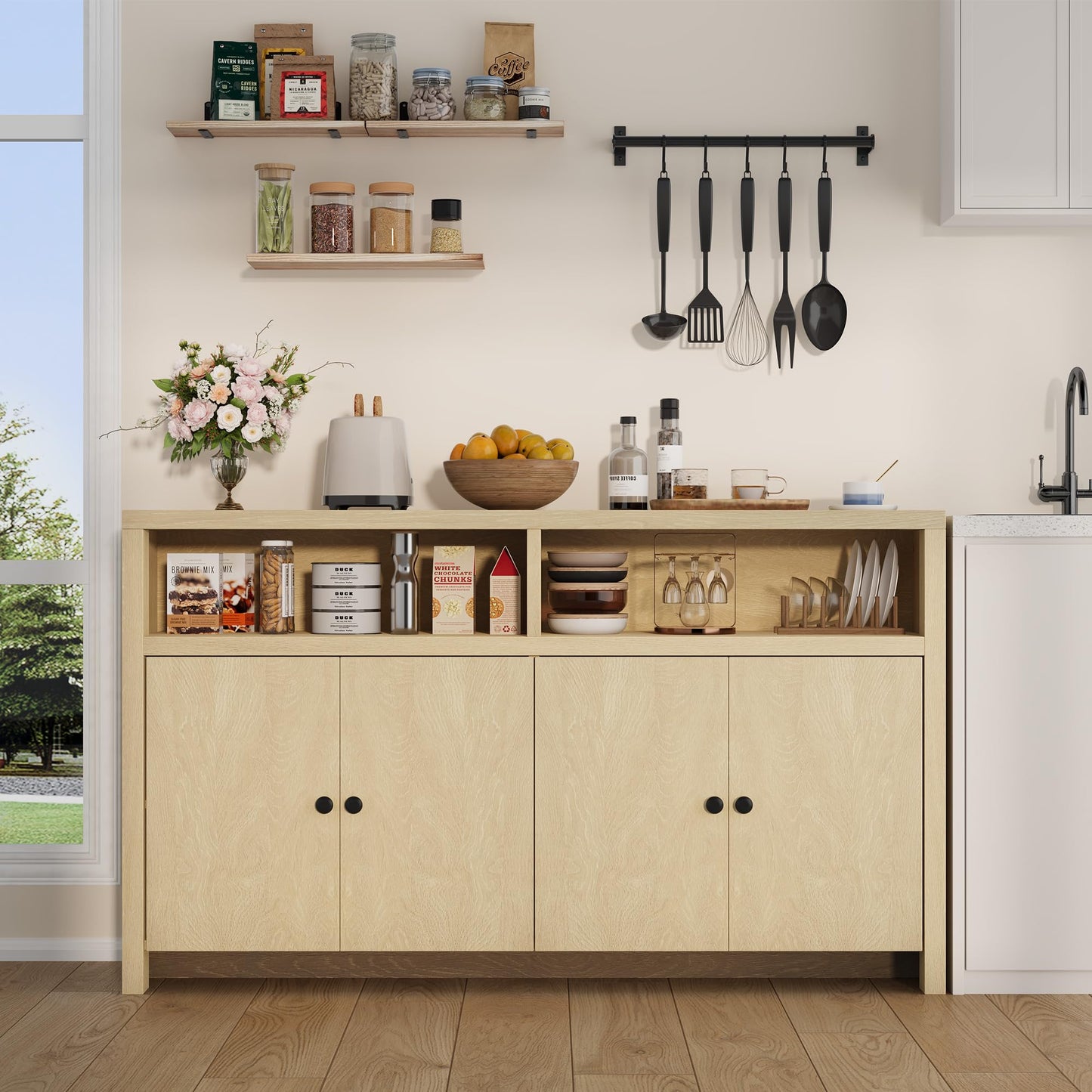 IDEALHOUSE Buffet Sideboard Cabinet with Storage, 55" Large Farmhouse Kitchen Storage Cabinet with 4 Doors & Adjustable Shelves, Wood Coffee Bar Cabinet for Kitchen, Dining Room, Living Room