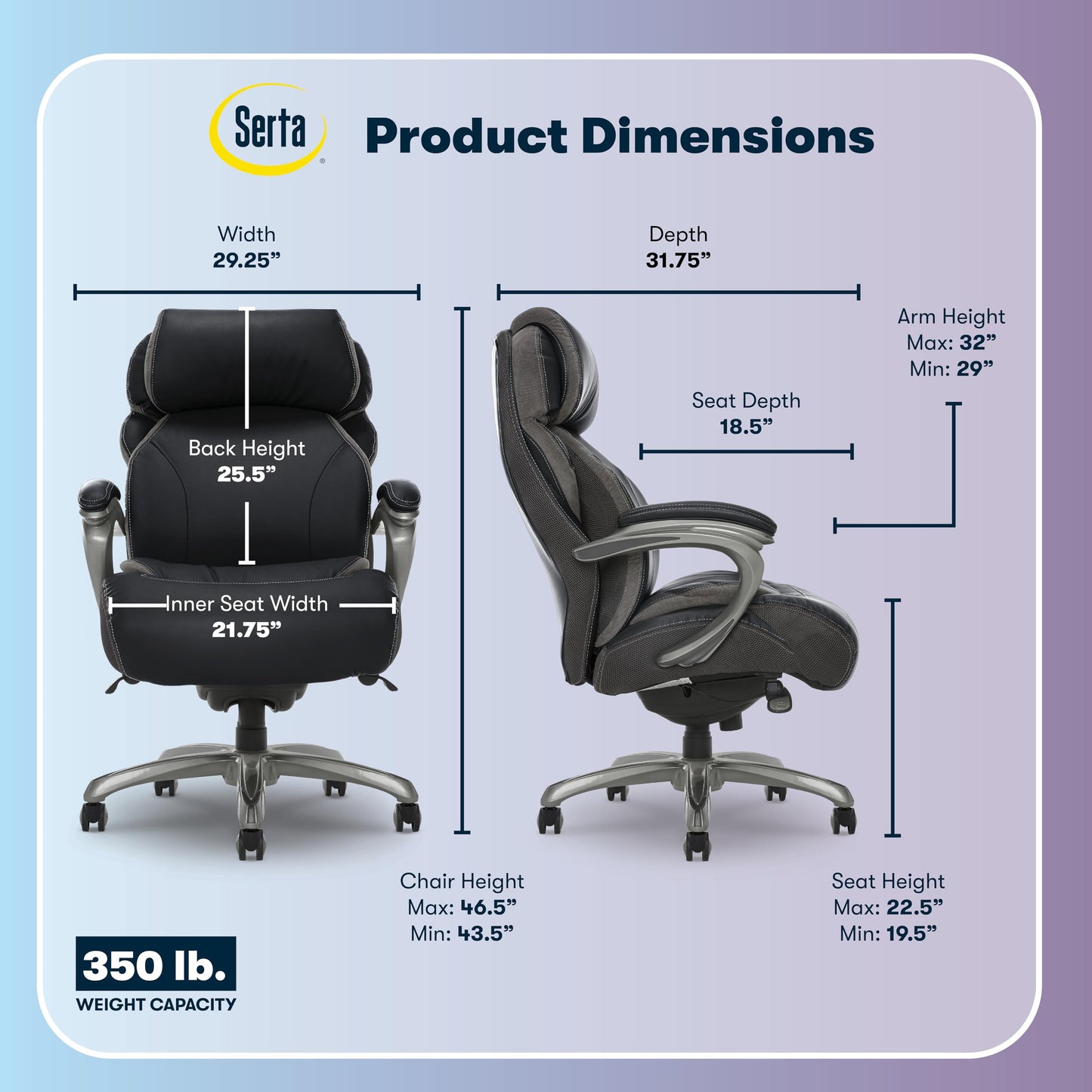 Serta Jackson Big and Tall Executive Home Office Chair with Smart Layers Technology, Wide Seat Cushion, Modern Comfy DeskChairs with Rolling Swivel Wheels, Bonded Leather, Black