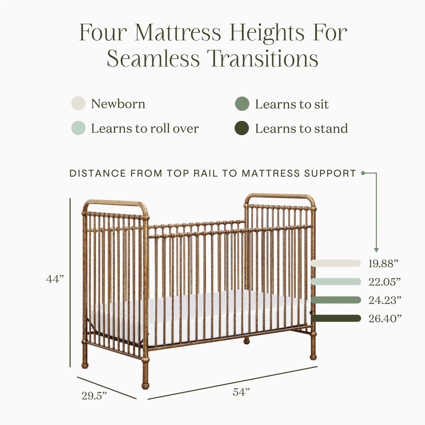 Namesake Abigail 3-in-1 Convertible Baby Crib (Gold) - GREENGUARD Gold Certified - Convertible Crib to Toddler Bed and Daybed - Baby Bed w/ 4 Adjustable Heights - Vintage Baby Crib Convertible