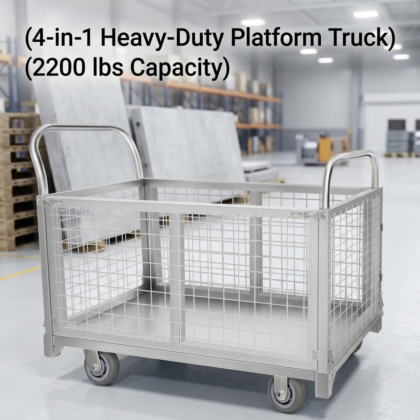 4-in-1 Platform Truck Cart with Cage, Heavy Duty Foldable Flatbed Push Cart with Swivel Casters, 2200 LBS Steel Load Capacity for Warehouse Commercial Industrial Cargo Storage & Transport