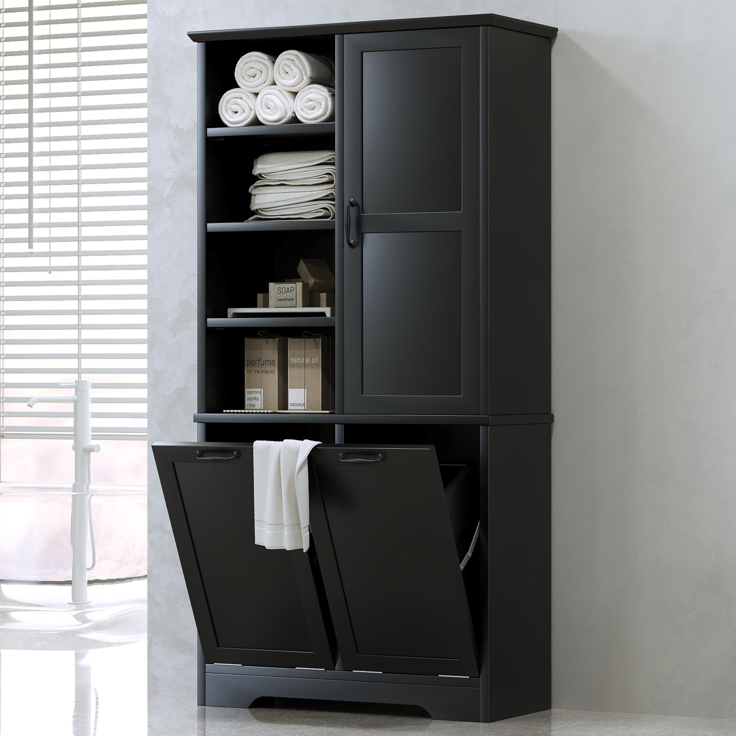 Tall Storage Cabinet with Door and Open Shelf, Multi-Functional Laundry Hamper Basket for Home Bathroom, Laundry Room, Black