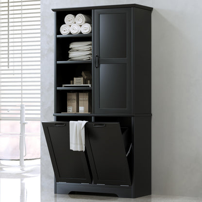 Tall Storage Cabinet with Door and Open Shelf, Multi-Functional Laundry Hamper Basket for Home Bathroom, Laundry Room, Black