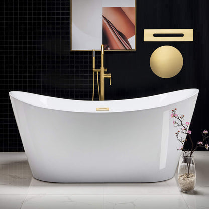 WOODBRIDGE 67" Acrylic Freestanding Bathtub Contemporary Soaking White Tub with Brushed Gold Overflow and Drain，BTA1515-BG-Drain&O