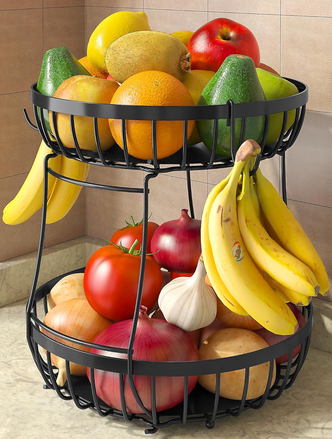 2 Counter 2 Counter Sevenblue Tier Large Fruit Basket for Kitchen with Banana Hangers, Metal Stackable Fruit Bowl