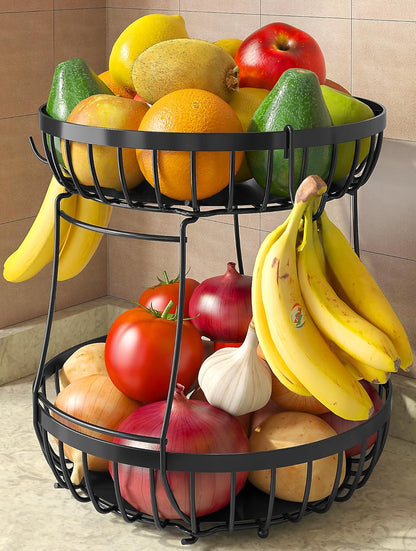 2 Counter 2 Counter Sevenblue Tier Large Fruit Basket for Kitchen with Banana Hangers, Metal Stackable Fruit Bowl