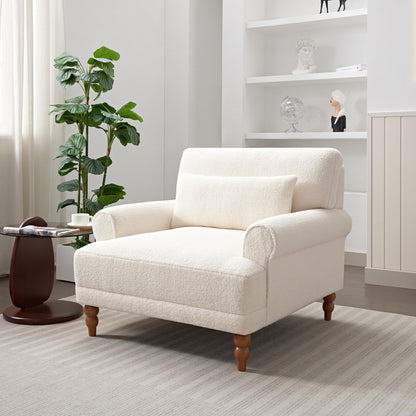 Merax Accent Chair with Circular Armrests, Upholstered Armchair Single Sofa with Vintage Roman Column Legs for Living Room, Bedroom, Study, Ergonomic Lumbar, Boucle, Beige