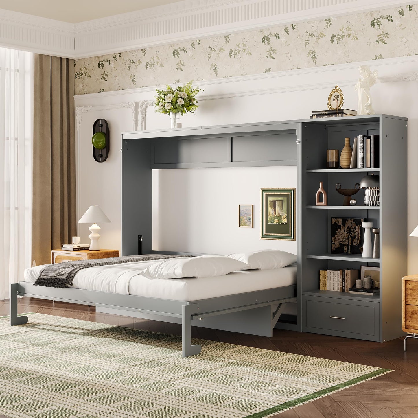 GDFStudio Queen Size Murphy Bed with Storage Compartments and Shelf, Wall Bed Frame with Adjustable Shelves and Drawer, Foldable Platform Bed for Guest Room Bedroom, Gray
