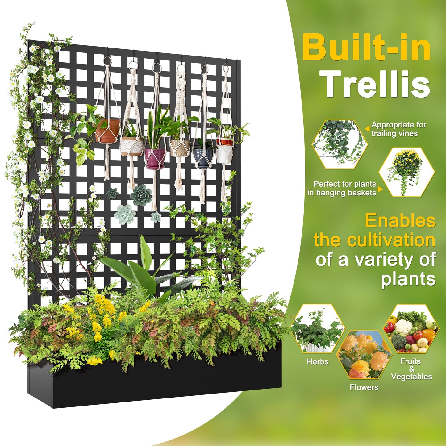 FENCY Metal Raised Garden Bed with Trellis, Metal Planter Box with Trellis, Garden Box for Climbing Plants Vegetable, 47''Lx16''Wx71''H Garden Bed with Drainage Holes(Black)