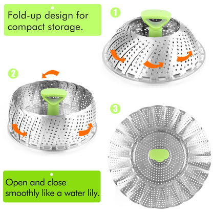Consevisen Vegetable Steamer Basket for Cooking Food, Stainless Steel Veggie Steam Basket for Pot, Folding Expandable Steaming Insert with Extendable Handle Fits Various Size Pot, 7.1" to 11"