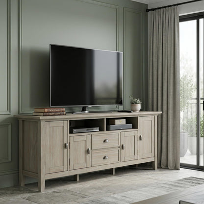 SIMPLIHOME Redmond TV Stand - 72 inch Wide Solid Wood Media Console in Distressed Grey, Transitional Entertainment Center for Living Room for TVs up to 80 Inches with Drawers and Cable Management