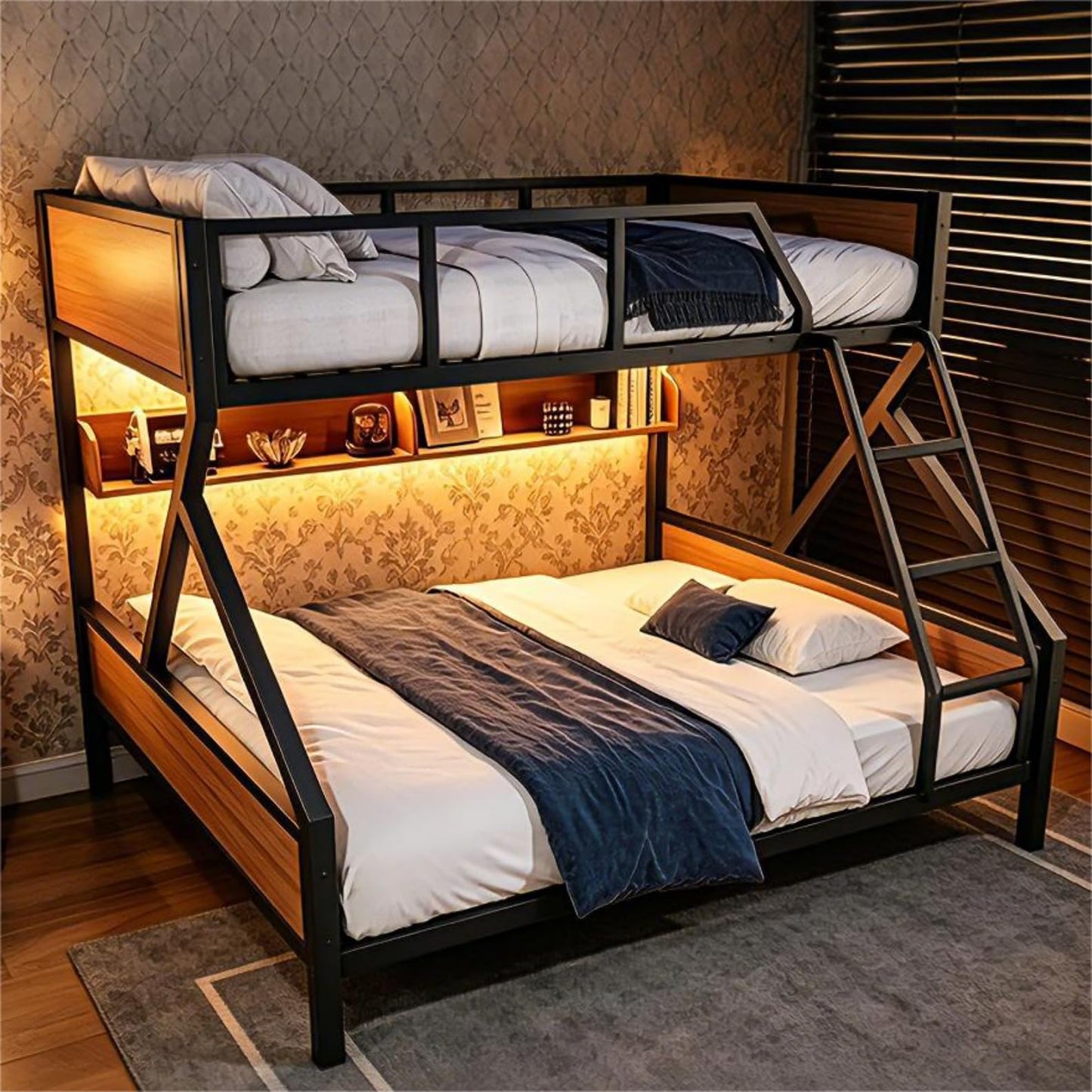 Bellemave Queen Over King Bunk Bed with Storage Shelf & LED Lights, Heavy Duty Metal Bunk Bed Frame with Guardrails & Ladder, No Box Spring Needed, Black