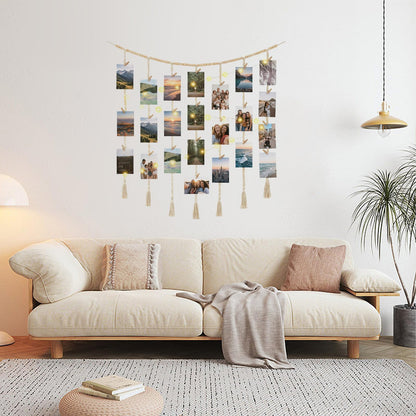 shuielai Macrame Hanging Photo Display with String Lights, Boho Wall Decor with Wooden Beads Garland & Clips, Picture Collage Holder for Bedroom Living Room Dorm, for Teen Girls