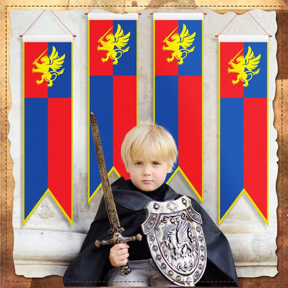 Oudain 4 ft Medieval Fantasy Pull-down Banner with Lion Design Hanging Party Bunting Banner Medieval Party Decorations Garden Cutouts Flag for Castle Theme Festival Birthday Decor(4 Pcs)