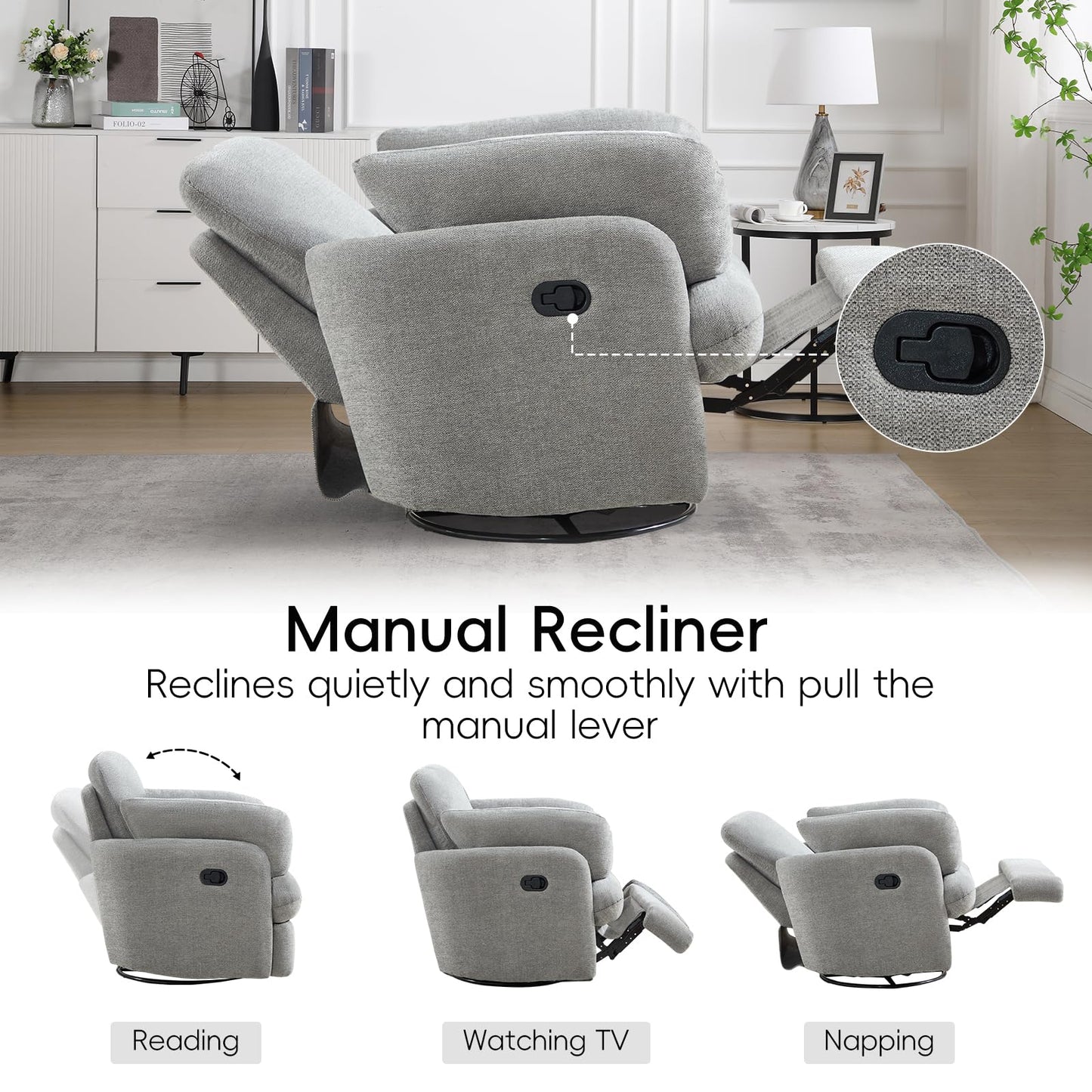 Bonzy Home Manual Recliner Chair, 360°Swivel Rocker Recliner Chair for Adults, Overstuffed Nursery Rocking Reclining Sofa with 2 Pillows and Hidden Storage, Light Grey