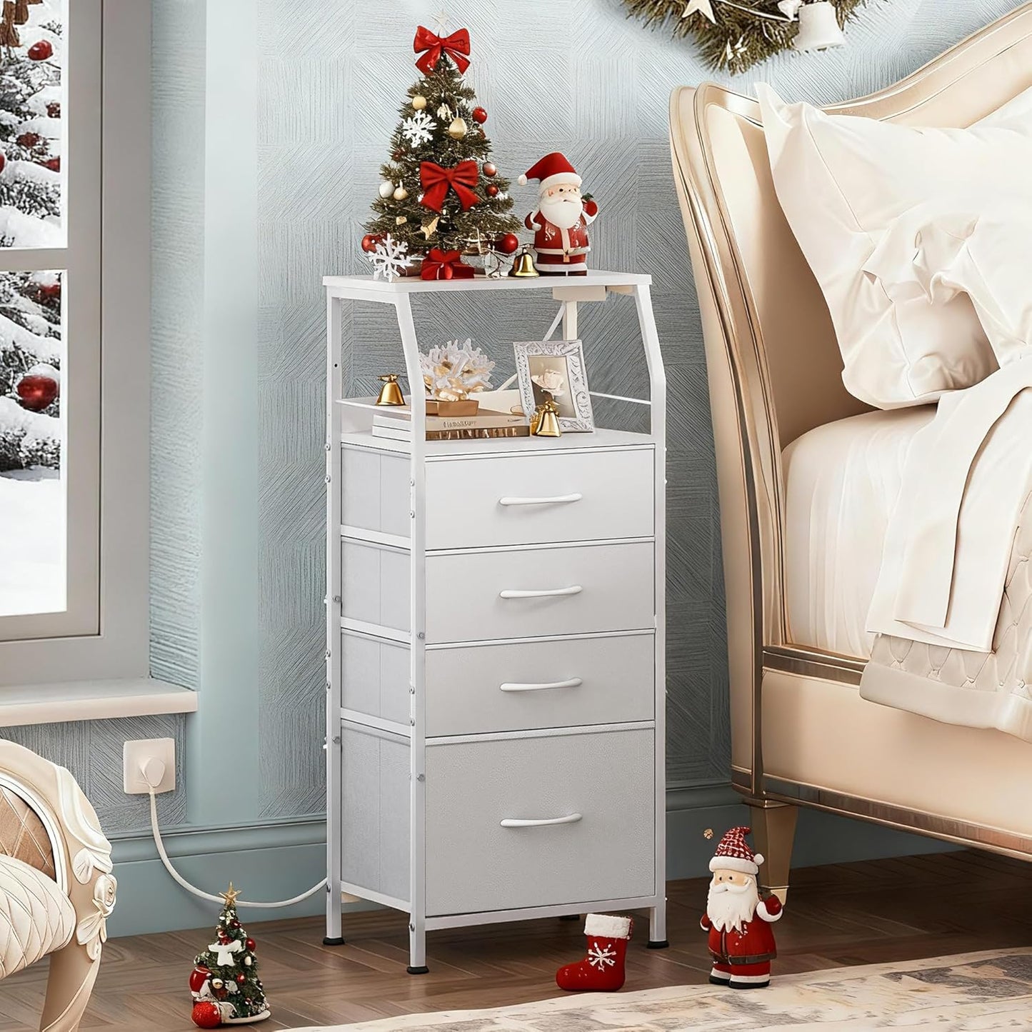 4 37.48" WLIVE Night Stand with Charger Station, White Nightstand with LED Light and Storage Drawers, Tall Dresser