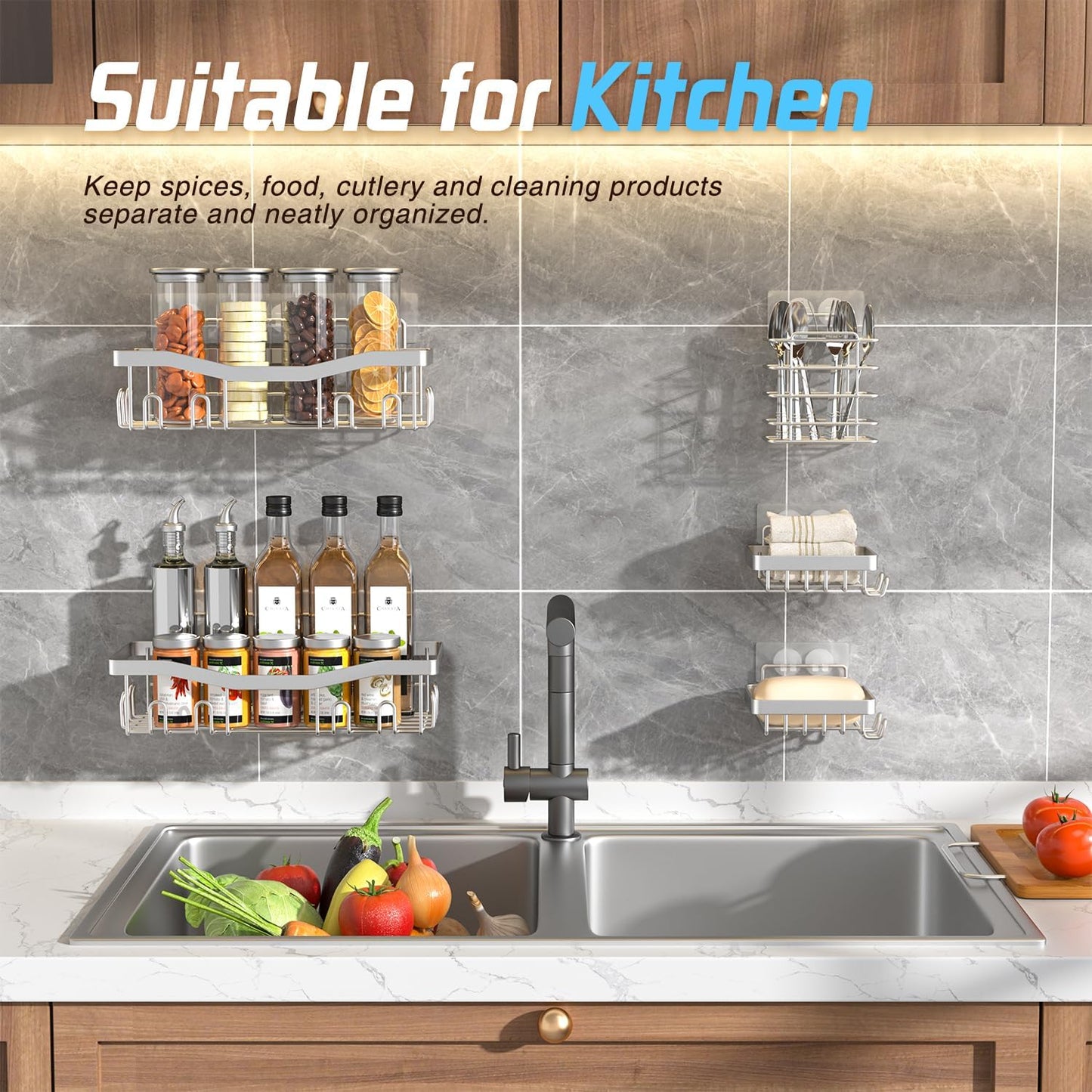Shower Caddy, Rustproof Bathroom Shower Organizers [5-Pack] with Adhesive Shelves, Soap Caddy & Toothbrush Holder