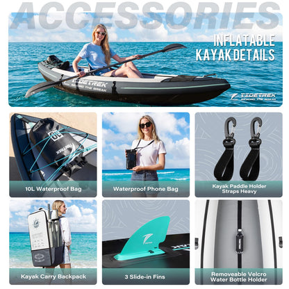 TIDETREK Inflatable Touring Kayak 1-Person & 2-Person with Waterproof Seat & Full Accessory Kit, Lightweight Recreational Kayak for Lake, River & Fishing (Storm Edge, 1-Person(Single))