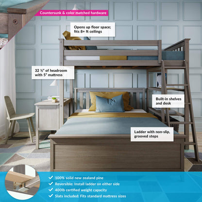 Max & Lily Bunk Bed, L Shape Twin-Over-Full Bed Frame For Kids With Bookcase and Desk, Clay