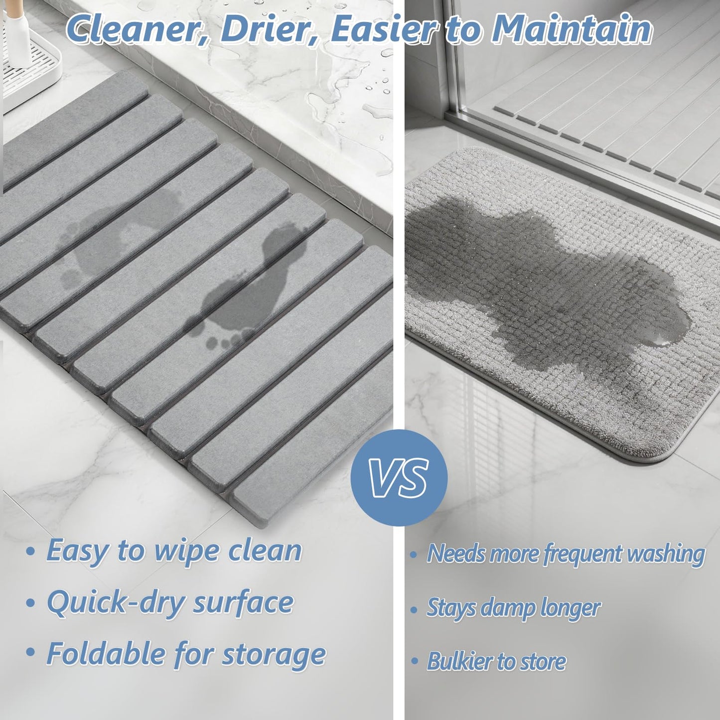 AWW Foldable Stone Bath Mat, Super Absorbent Diatomaceous Earth Mats, Non-Slip 23.6 x 15.5 Inch Quick Drying Mat, Compact and Easy to Store Bath Mats for Bathroom, Easy to Clean, Grey